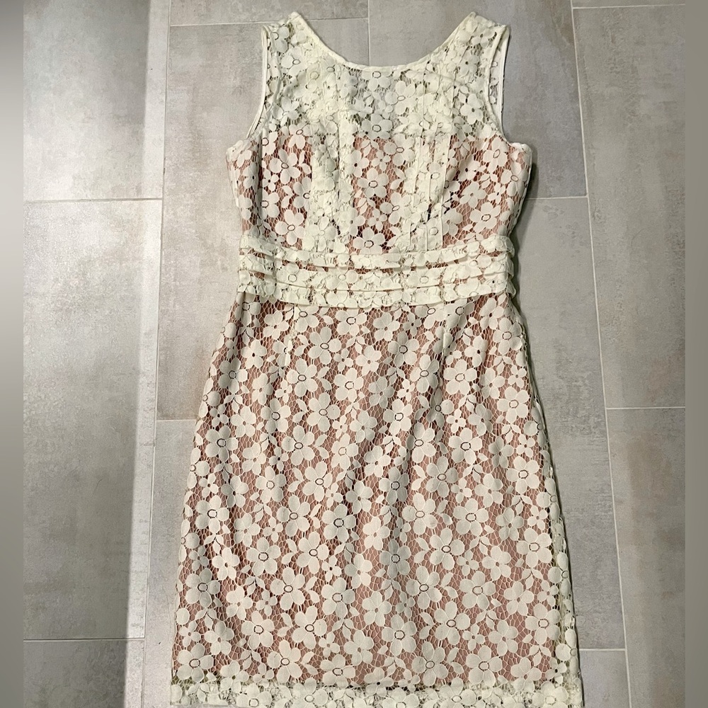 Donna Morgan Pretty lace scoop neck women’s dress size 10. Cream /flesh liner